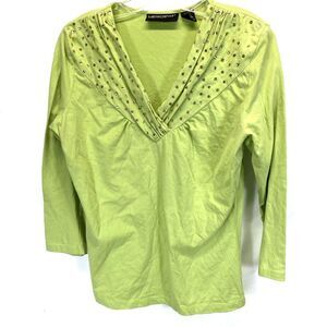 Metro Style Woman Sz L Blouse Shirt 3/4 Sleeve Green V-Neck Cotton Sequin Collar